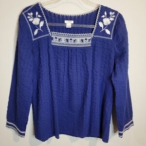 J. Crew Regal Blue Embroidery Peasant Blouse Size Small